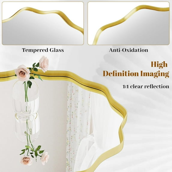 30 Inch Round Wavy Mirror, Gold Metal Frame Wall Mounted for Bathroom, Vanity, Entryway