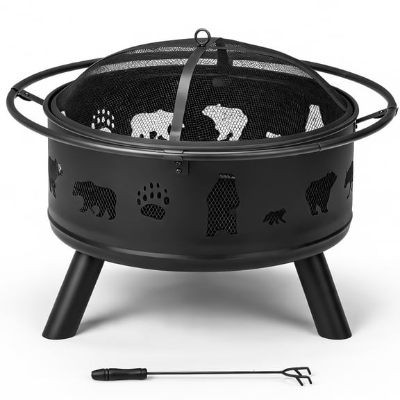30 Inch Round Wood Burning Fire Pit Heavy Duty Wrought Iron with Spark Screen Lid Black