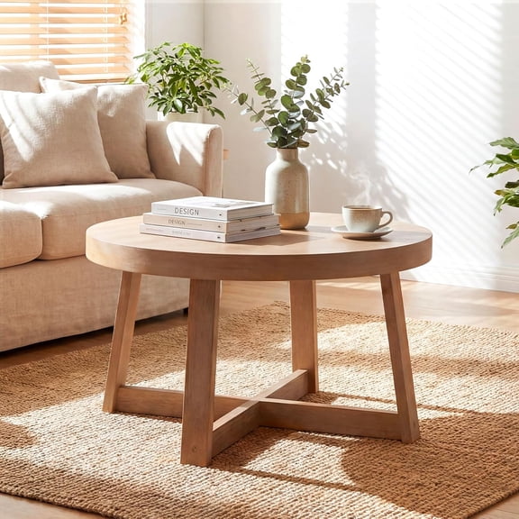 30-Inch Round Wood Coffee Table with Thickened Top and Cross-Shaped Pine Wood Frame, 220 lbs Capacity, Natural