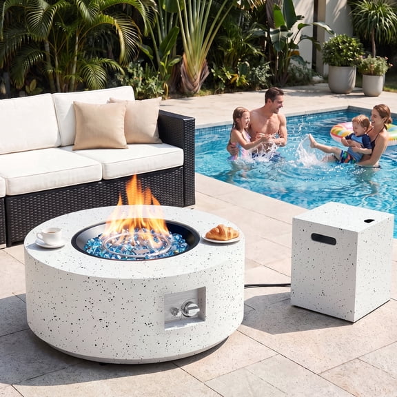 30" Inch Round Wood Grain Iron Fire Pit,50000 BTU with Lid,for Home and Camping (Spotted white)