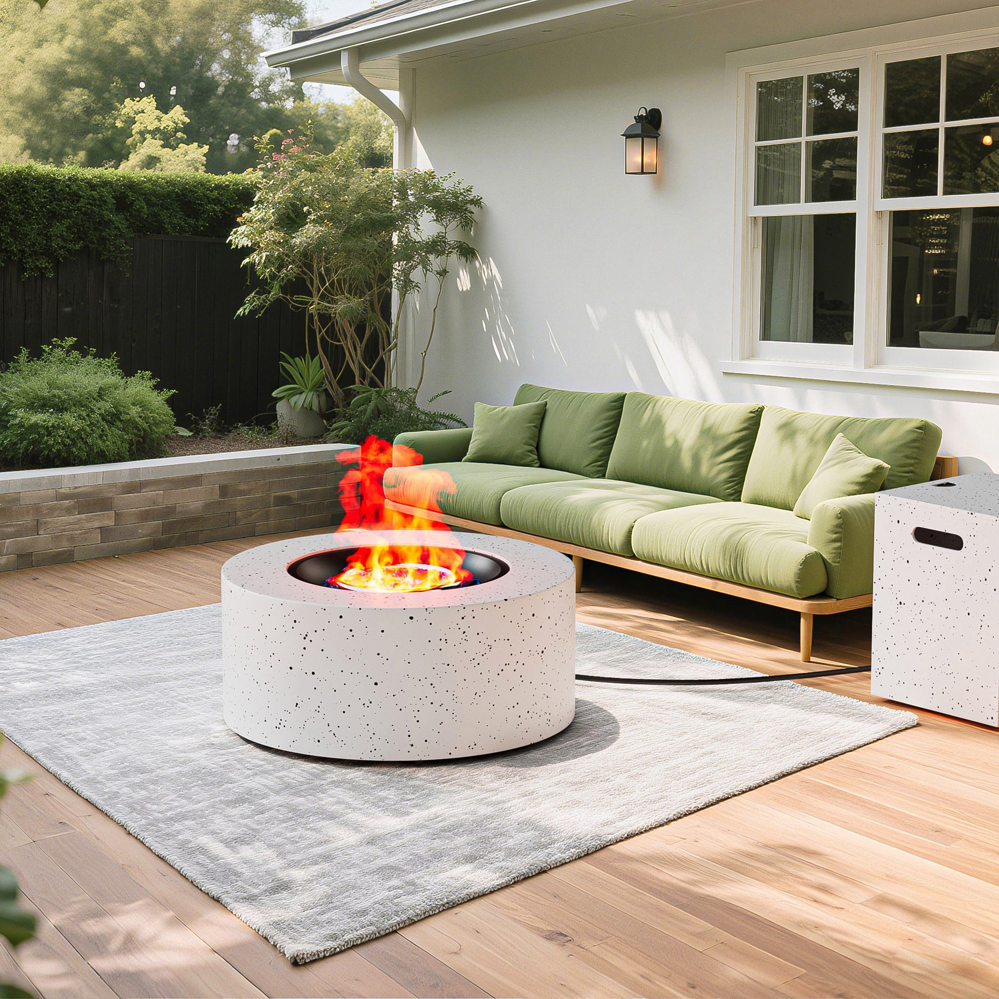 30" Inch Round Wood Grain Iron Fire Pit,50000 BTU with Lid,for Home and Camping (Spotted white)