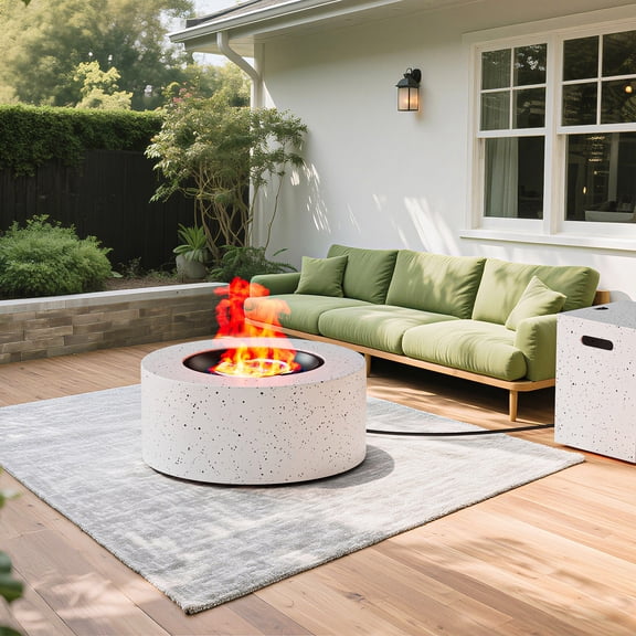 30" Inch Round Wood Grain Iron Fire Pit,50000 BTU with Lid,for Home and Camping (Spotted white)