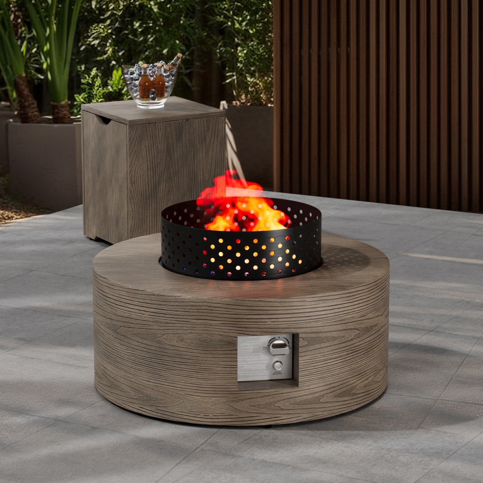Vornel 30" Round Wood Grain Iron Fire Pit, 50,000 BTU with Lid, Brown Wood Grain Fire Pit Table for Patio Backyard Garden Camping