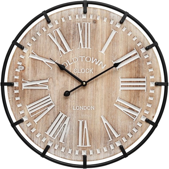 EMAX HOME 30-Inch Rustic Farmhouse Wall Clock with Roman Numerals, Vintage Wood Look Metal Frame Silent Quartz Movement for Living Room, Kitchen, Bedroom, Home Decor