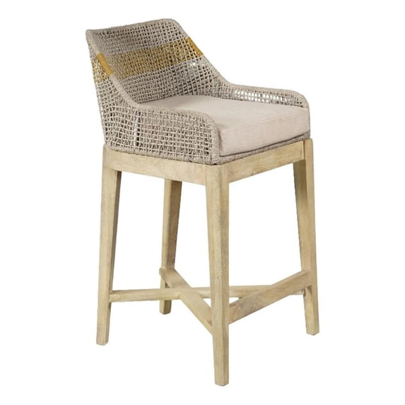 30 Inch Set of 2 Barstool Chairs-Handcrafted Mango Wood-Beige Cushion