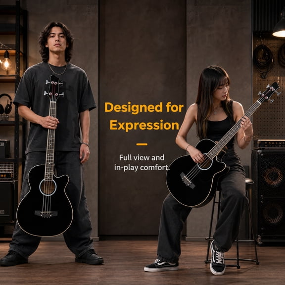 30 Inch Short Scale Acoustic Electric Bass Guitar for Adults Beginners, 4 String 4 Band EQ-7545R Preamp, Includes Bag Cable and Strap, Black