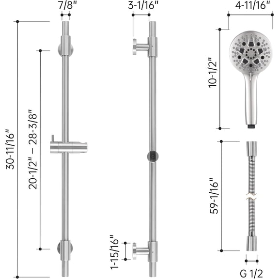 30-Inch Shower Slide Bar with High Pressure 9 Functions Adjustable Handheld Shower Head & 59-Inch Hose, Built-in Power Wash to Clean Tub Tile & Pet, Wall Mount Brushed Finish 18/8 Stainless Steel