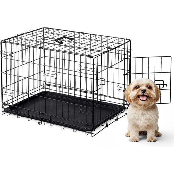 Folding Metal Dog Crate with Leak-Proof Pan Tray, 30 Inch Single-Door Design for Indoor, Outdoor, and Travel