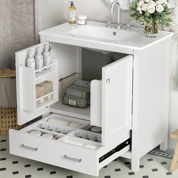30-Inch Single Sink Bathroom Cabinet | Neat Storage for Razors and Toothbrushes | Solid Wood and MDF Material | Noise-Reducing Soft-Close Hinges