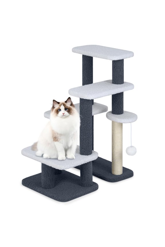 30-Inch Small Cat Tree, Grey. Multi-Level Modern Stairs with Sisal Post for Claws, Hanging Ball for Play, and Jumping Platforms for Exercise and Exploration