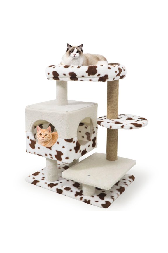 30 Inch Small Cat Tree, Unique Cat Tower With Jute Scching Post, 2 Door Condo, Padded Top Perch, Jumping Platforms For Indoor Cats, Cow Print Aesthetic Furniture For Living Room Bedroom Office, Beige