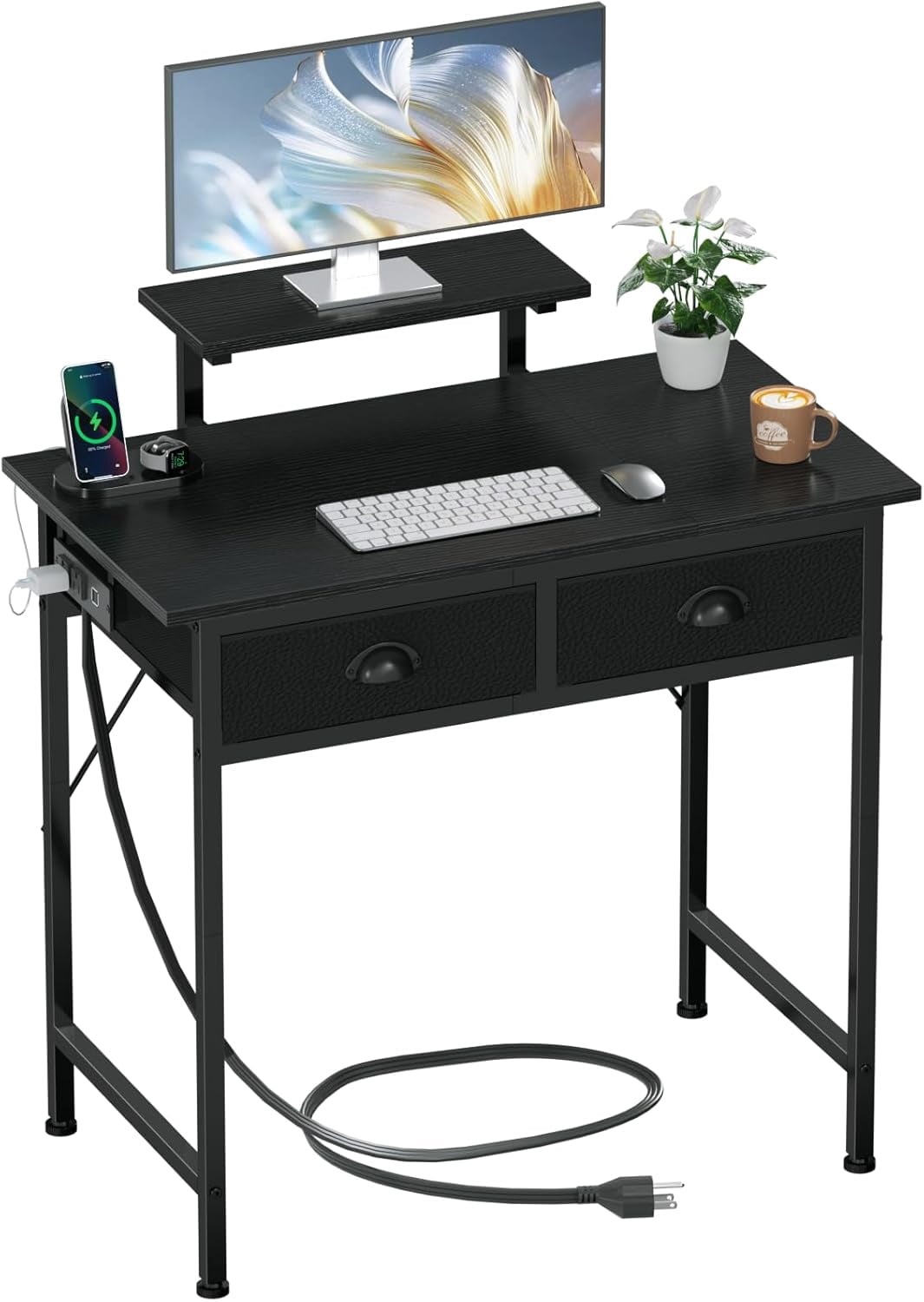 30 Inch Small Desk with 2 Fabric Drawers, Black Gaming Desk with Power ...