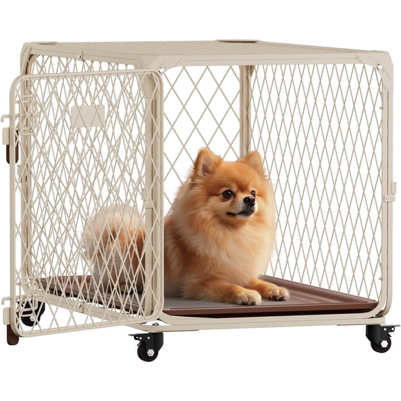 30 Inch Small Dog Crate with Lockable Wheel, Diamond Mesh Metal Dog Crates for Small Dogs, up to 70 lbs, Double Secure Latch & Leak-Proof Tray, Easy Assembly&Lightweight Pet Dog Kennel Cage