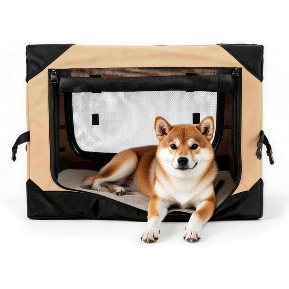 30 Inch Soft Collapsible Crate for Medium Dogs, 4-Door Portable Foldable Soft Kennel with Chew Proof Mesh Windows for Indoor & Outdoor Travel Beige