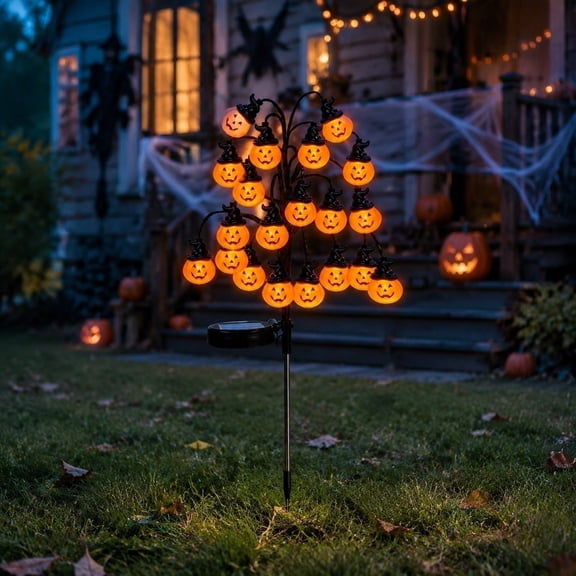 30 Inch Solar Pumpkin Branch Light with 20 LED, Waterproof Outdoor Garden Path Light for Halloween Yard Terrace Walkway Decor
