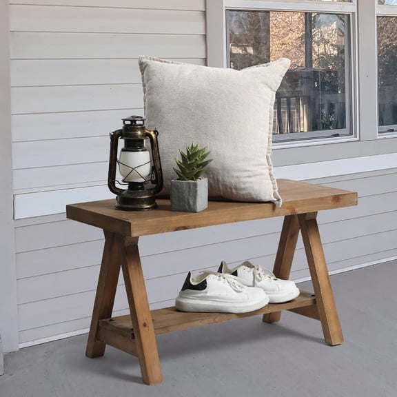 30-Inch Solid Wood Farmhouse Entryway Bench, Rustic Storage Bench Seat for Indoors, Living Room, or Dining Room, Natural