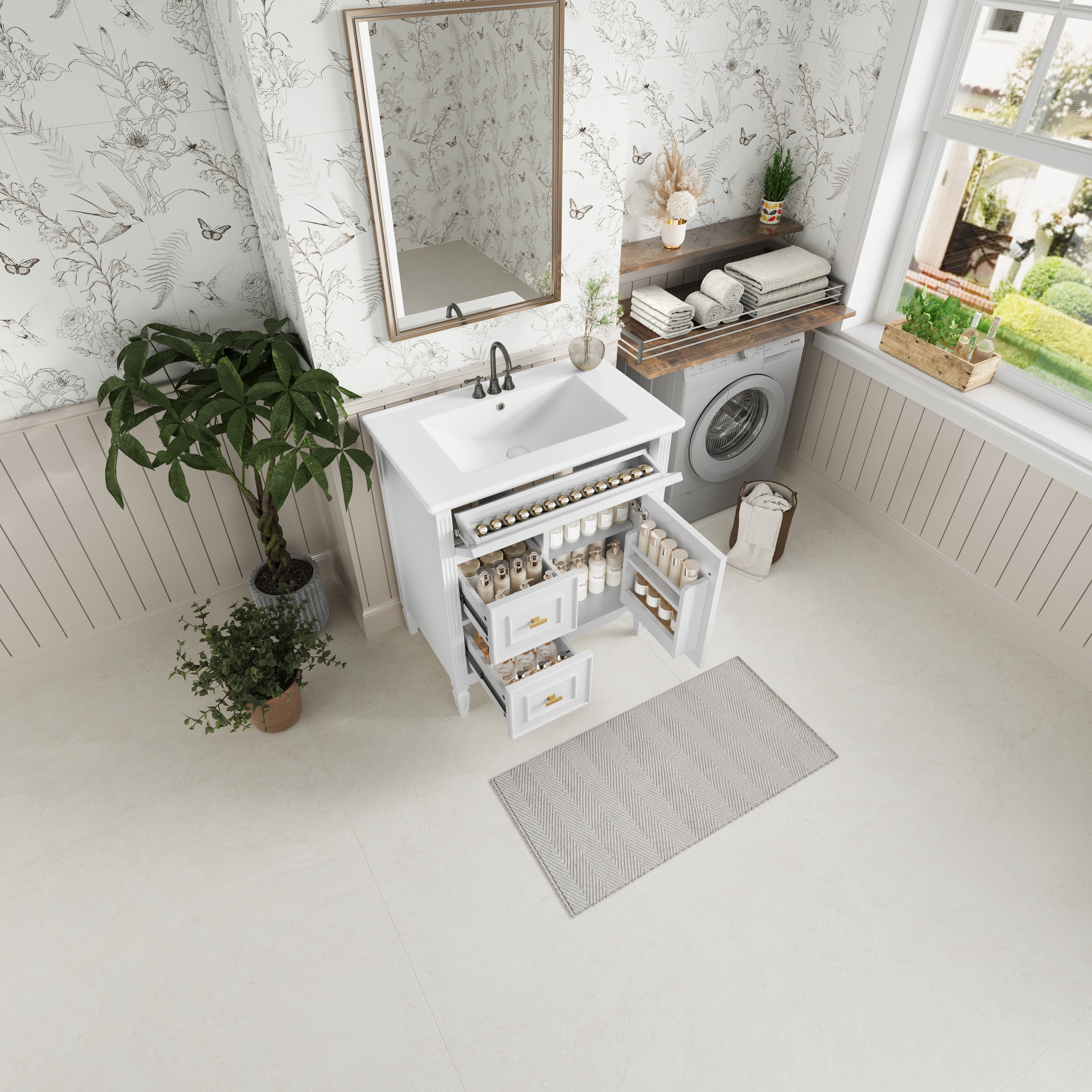 30-Inch Solid Wood & MDF Bathroom Vanity with Flip-Up Drawer and ...