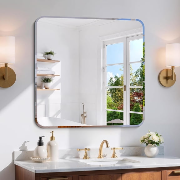 30 Inch Square Beveled Mirror with Rounded Corners, 3mm Tempered Glass, Frameless Vanity Mirror