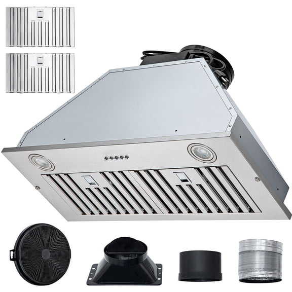 30 Inch Stainless Steel Built In Range Hood 800CFM Three Speed Convertible Ductless Ductless Design Push Button Control LED Light Baffle Filter ETL Certified