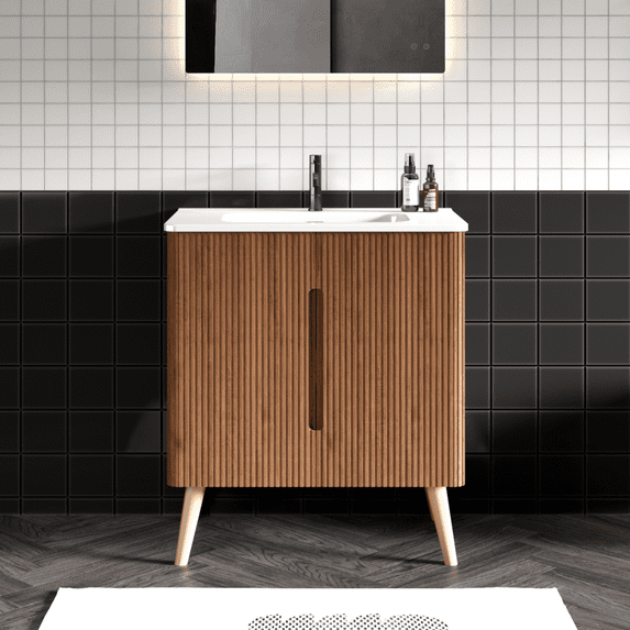 30-Inch Striped Walnut Freestanding Bathroom Vanity Cabinet Without Sink, Modern Design with Storage for Contemporary Bathrooms