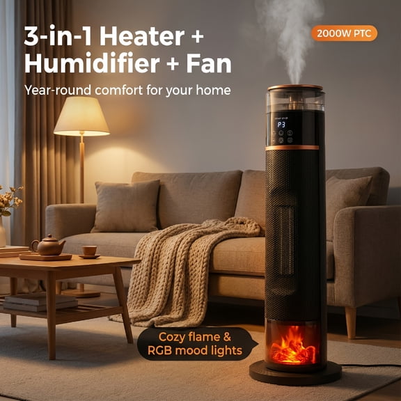30-Inch TAZTIR Tower Space Heater with Humidifier, 2000W, 3 Heating Modes, Oscillation, 12H Timer, Remote Control, Overheat & Tip-Over Protection, for Indoor & Outdoor Use
