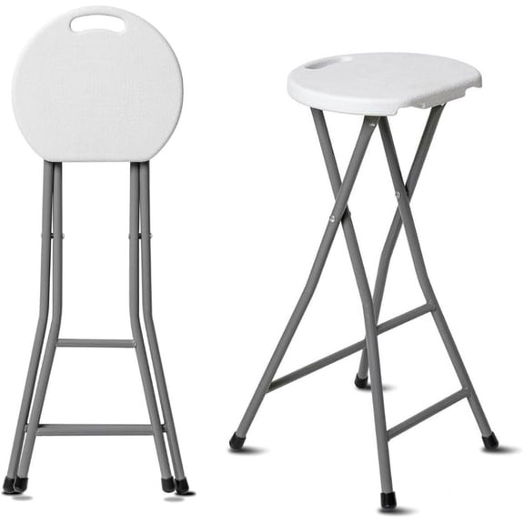 30 Inch Tall Folding Bar Height Stool with Handle and Footrest Heavy Duty Plastic Seat, Metal Frame, 300 lb Capacity, White