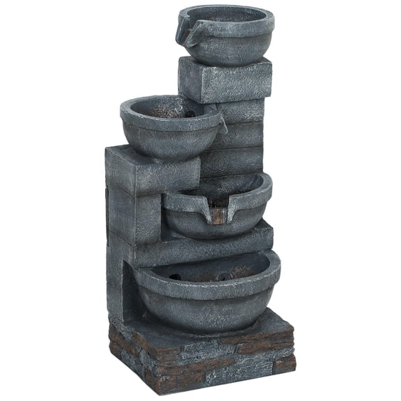 30 Inch Tall Outdoor Water Fountain with LED Lights 4 Tier Resin Cascading Bowls Waterfall Fountain Pump Gray
