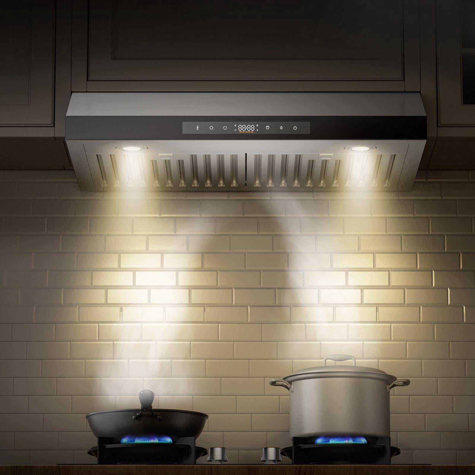 30 Inch Under Cabinet Range Hood 900CFM Dual Motor Stainless Steel Kitchen Vent with Gesture Touch Control LED Light 4 Speed Exhaust Fan