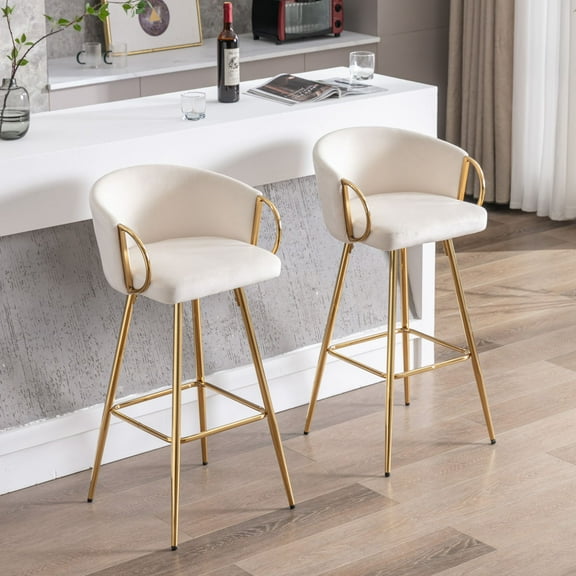 30 Inch Velvet Dining Chairs, Modern Dining Chair with Golden Metal Legs, Simple Bar Stool Upholstered Dining Chairs, Accent Desk Chair Dining Room, Kitchen, Vanity, Living Room(Cream,Set of 2)