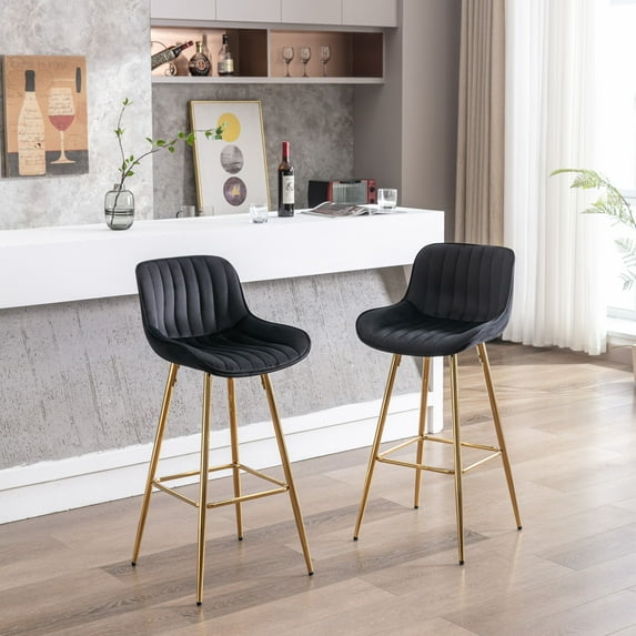 30 Inch Velvet Dining Chairs, Modern Dining Chair with Golden Metal Legs, Simple Bar Stool Upholstered Dining Chairs, Counter Height Low Back(Black,Set of 2)
