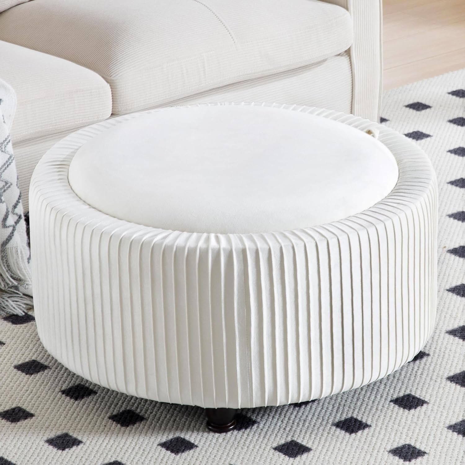30 Inch Velvet Round Storage Ottoman Pleated Circle Storage Coffee with ...