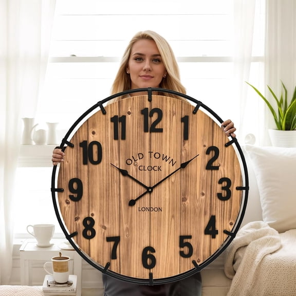 30 Inch Wall Clock Large Old Town Rustic Wooden Clock with Metal Rim and Large Numerals, Silent -Operated for Office, Kitchen, Bedroom, and Living Room
