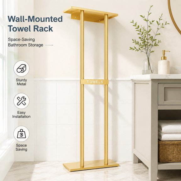 30 Inch Wall Mounted Bathroom Towel Rack with Shelf, Holds 6 Large Towels, Gold Finish, Space-Saving Towel Storage Organizer