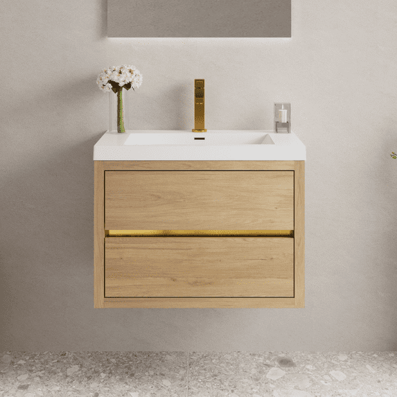 30-Inch Wall-Mounted Bathroom Vanity with Sink – Pre-Assembled Floating Cabinet, Stain-Resistant Stone Resin Countertop & Soft-Close Drawers – Natural Oak Finish with U-Shaped Storage Organization