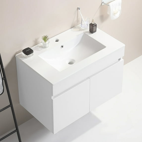 30 Inch Wall Mounted Bathroom Vanity with White Ceramic Basin,Bathroom Storage Cabinet with Two Soft Close Cabinet Doors, Solid Wood,Excluding faucets,White