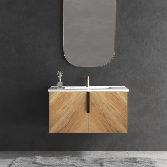 30 Inch Wall-Mounted Bathroom Vanity with 3D Fluted Panel & Ceramic Integrated Sink