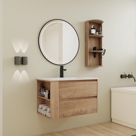 30 Inch Wall Mounted Bathroom Vanity with Sink Storage Rack and 2 Soft Close Drawers Combination Cabinet KD Packing