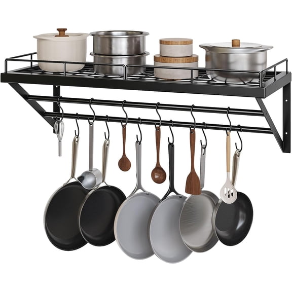 30 Inch Wall Mounted Pot Rack with 2 Tier Hanging Rails and 12 S-Hooks, Kitchen Cookware Organizer, Space Saving Black Metal Pan Holder