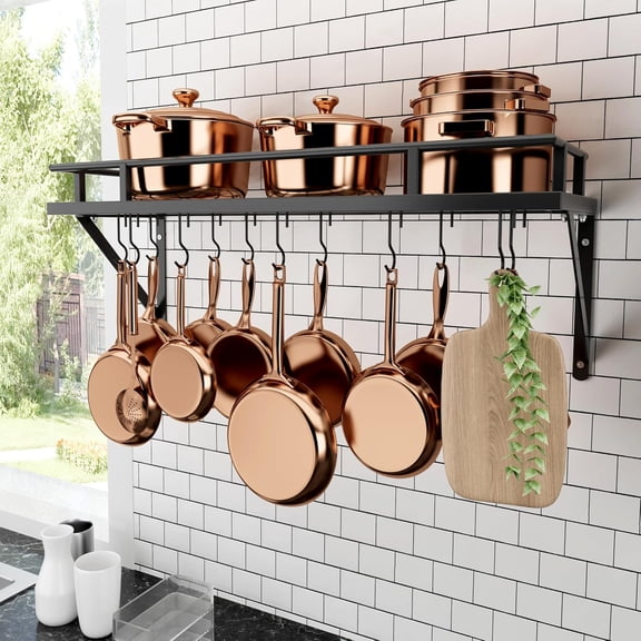 30-Inch Wall-Mounted Pot and Pan Rack with 12 Hooks, Matte Black Heavy-Duty Hanging Shelf for Kitchen Storage