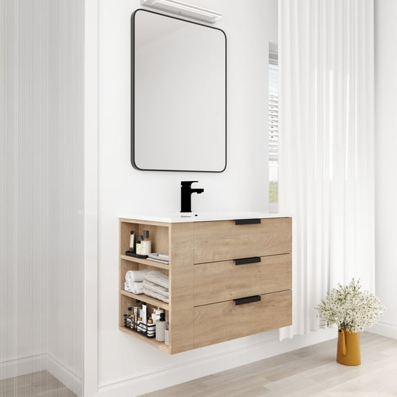 30-Inch Wall-Mounted Vanity | Escape Traditional Countertop with Resin Sink | Maximize Bathroom Storage with Self-Closing Drawers