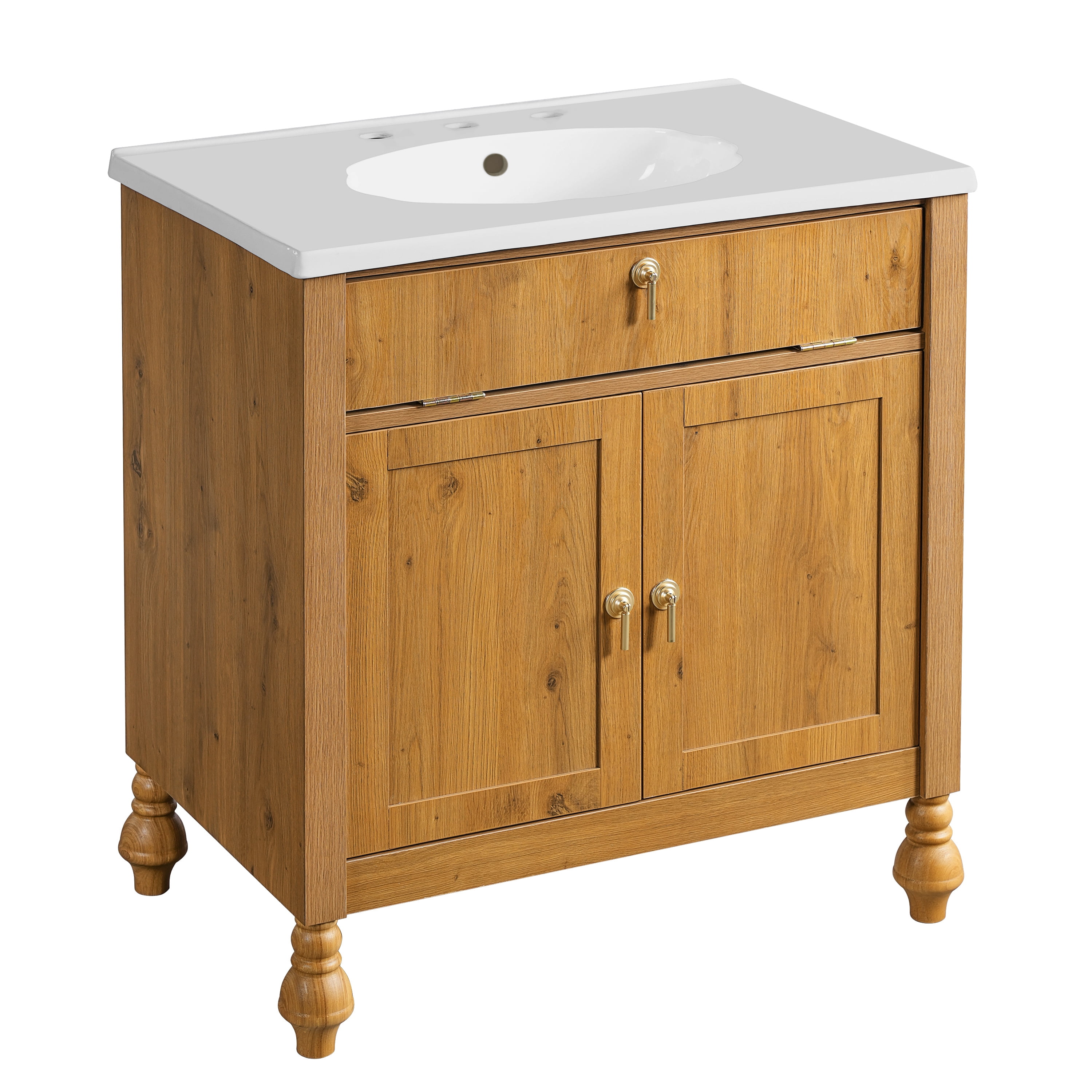30-Inch Walnut Bathroom Vanity: Seashell Resin Sink, Flip-Up Storage & Soft-Close Doors