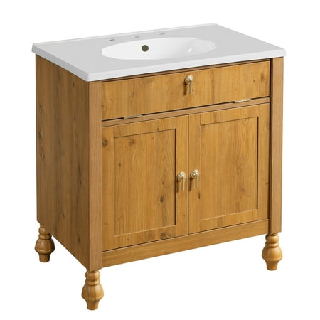 30-Inch Walnut Bathroom Vanity: Seashell Resin Sink, Flip-Up Storage & Soft-Close Doors