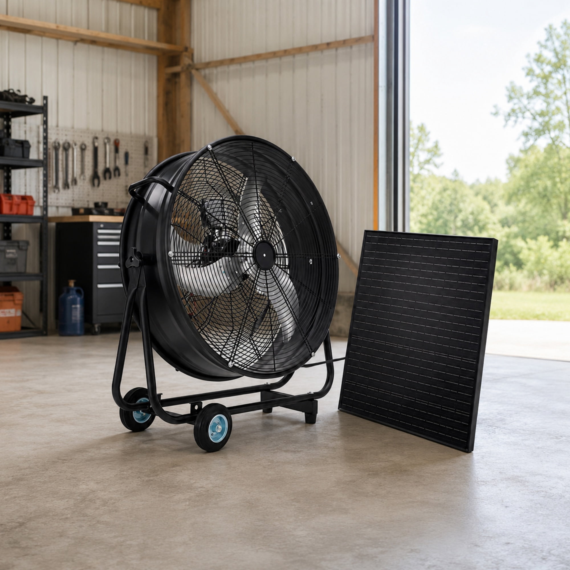 30-Inch Wheeled Solar Fan with 140W Adjustable Panel and Remote Control, 3-Speed Brushless Vent Fan for Workshop and Greenhouse, Black