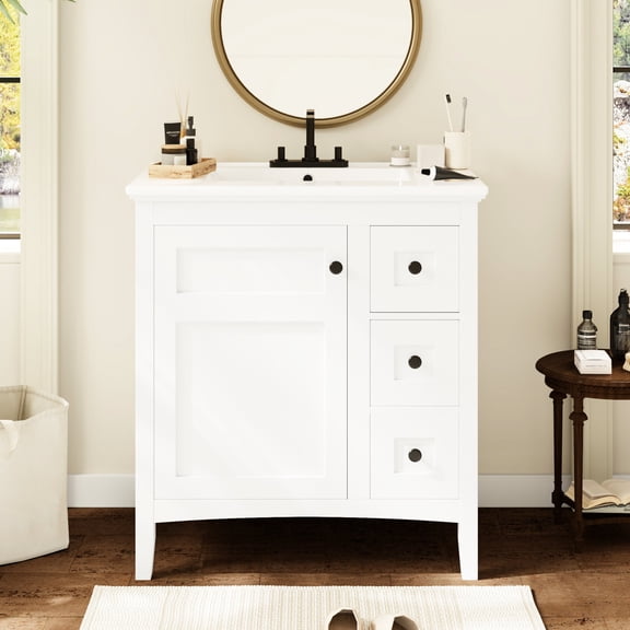 30 Inch White Bathroom Vanity with Ceramic Sink and Multifunctional Drawers / Classify Storage, Keep Countertop Clean for Bathroom