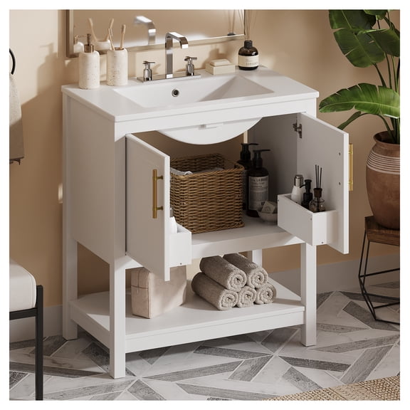 30-Inch White Bathroom Vanity with Ceramic Sink and Versatile Storage - Ideal for Small Bathrooms