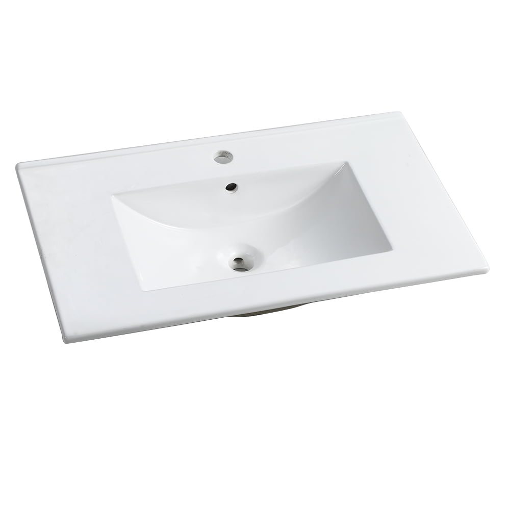 30 Inch White Ceramic Bathroom Sink Basin for Vanity or Countertop Installation, Undermount Drop-In Porcelain Wash Basin with Overflow, Modern Home Bathroom Vanity Sink