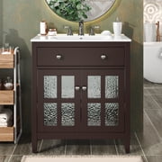 30-Inch White Modern Bathroom Vanity with Ceramic Sink - Free-Standing Cabinet, Tempered Blurred Glass Doors, Matte Black Handles, Rubber Wood Frame, Adjustable Shelf, Fits 8" Widespread Faucet