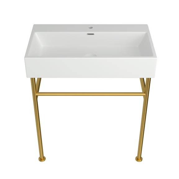 30 Inch White Rectangular Ceramic Console Sink , Ceramic vanity Console Sink with Metal Legs Gold, with Overflow Hole, Utility Sink for Bathroom,for Large Space