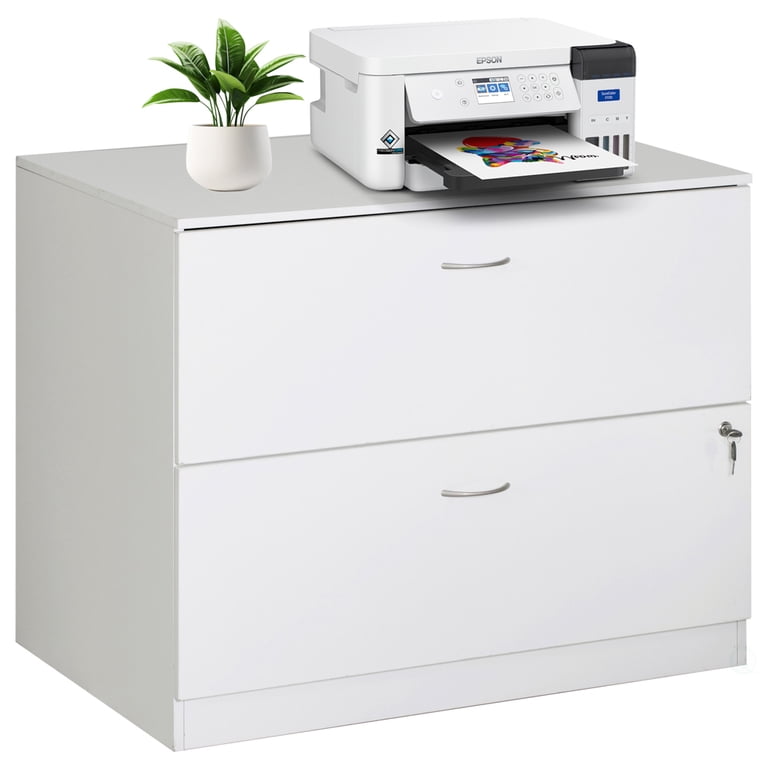 30-Inch White Wooden Lateral File Cabinet with Two Spacious