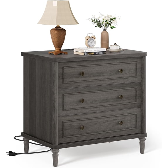 30-Inch Wide Large Nightstand with Charging Station and 3 Drawers, AC Outlets and USB Ports, Solid Wood Bedside Table, Gray